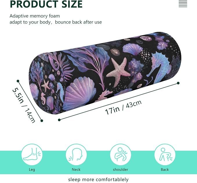 Seahorses Starfish Shells Purple Neck Roll Pillow Bolster Round Health Memory Foam Long Cervical Cylinder Pillows with Removable Washable Cover for Body Bed Legs Back Yoga