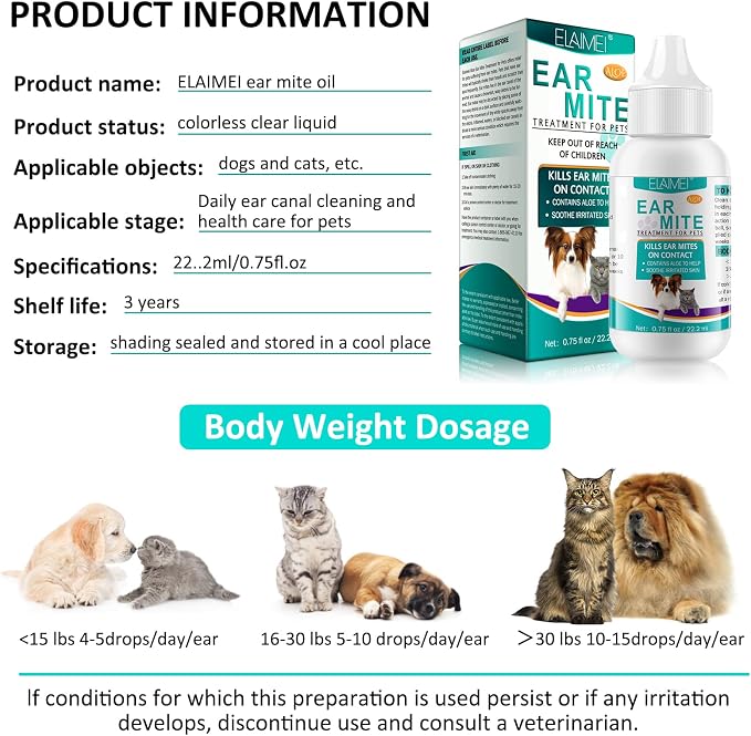Ear Mite Treatment for Dogs and Cats, Cat Ear Cleaner with Aloe Vera, Cleaner on Contact & Soothes Itching, Vet-Recommended Formula for Pets Ear Cleaning, Fast-Acting