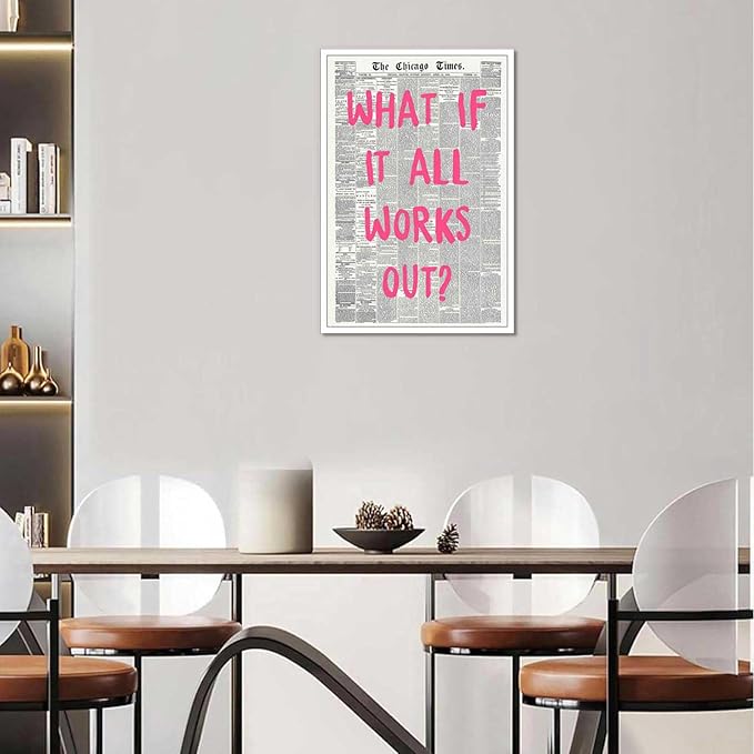 Drimiler What If It All Works Out Poster Retro Newspaper Pink Font Canvas Wall Art Positive Affirming Quote Minimalist Prints Painting For Home Bedroom Dorm Wall Decor 16x24in Unframed