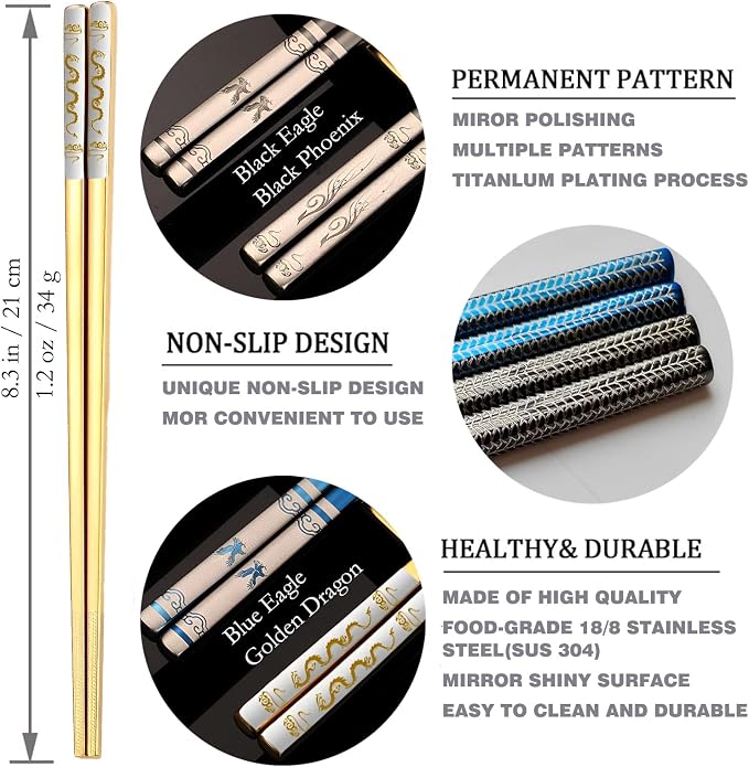 Chopsticks Reusable Metal Stainless Steel, Golden Dragon Black Phoenix | Titanium Plated, With Case, Dishwasher Safe, For School Home Office Outdoor Bento Box