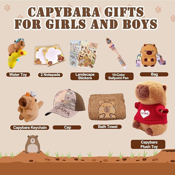 Capybara Plush Gifts for Girls & Boys Ages 4 5 6 7 8 9 10+ Kids Capybara Toys with Stuffed Animal/Keychain/Water Toy/Scene Sticker/Bag/Bath Towel/Cap, Gifts Set for Christmas Birthday