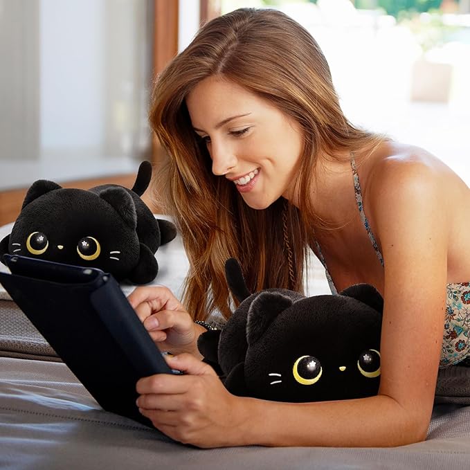 Cute Black Cat Plush Pillow, Kawaii Plushies Black Cat Stuffed Animals, Squishy Plushies, Cuddle Plush Pillow for Kids & Girls (13 Inch)