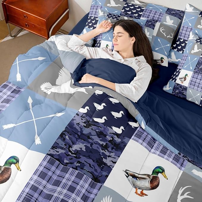 Feelyou Blue Hunting Camo Comforter Set with Sheets 7 Piece Full Size Camouflage Duck Bed in a Bag Kids Boys Girls Wild Animal Hunter Bedding Set Bedroom Decor Breathable Soft Lightweight Microfiber
