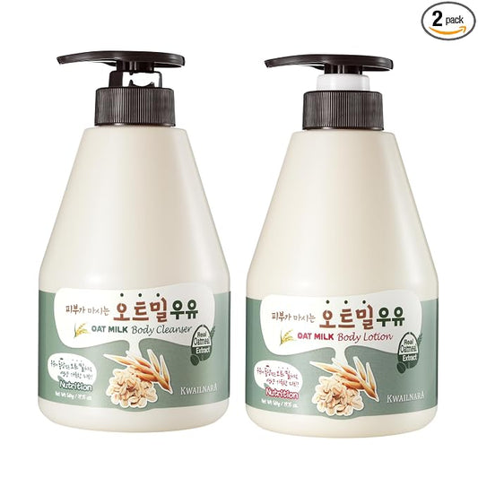 Kwailnara Oat Milk Body Wash & Lotion Set (19.75 Oz Each) – 2-Piece Korean Skincare Duo for Nourished & Soothed Skin | Milk Protein, Royal Jelly & Calming Oat Extract | Paraben-Free