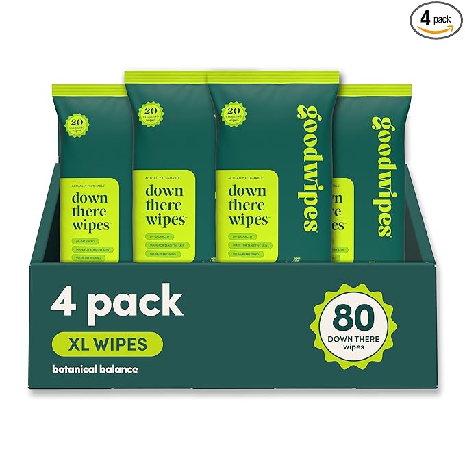 goodwipes Down There Wipes - Flushable Feminine Wipes for Women, pH Balanced for Sensitive Skin, Septic Safe, Feminine Hygiene Essentials, Travel Size - Botanical Balance, 80 Count (4 Packs of 20)