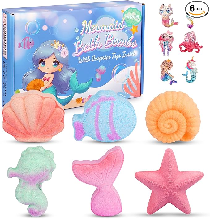 Kids Bath Bombs with Surprise Inside, 6PCS Mermaid Bath Bombs for Kids, Organic Essential Oil Bubble Bathbombs Birthday Valentines Gift for 3-8 Girls Princess Party Favors