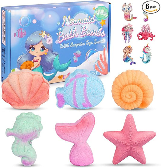 Kids Bath Bombs with Surprise Inside, 6PCS Mermaid Bath Bombs for Kids, Organic Essential Oil Bubble Bathbombs Birthday Valentines Gift for 3-8 Girls Princess Party Favors