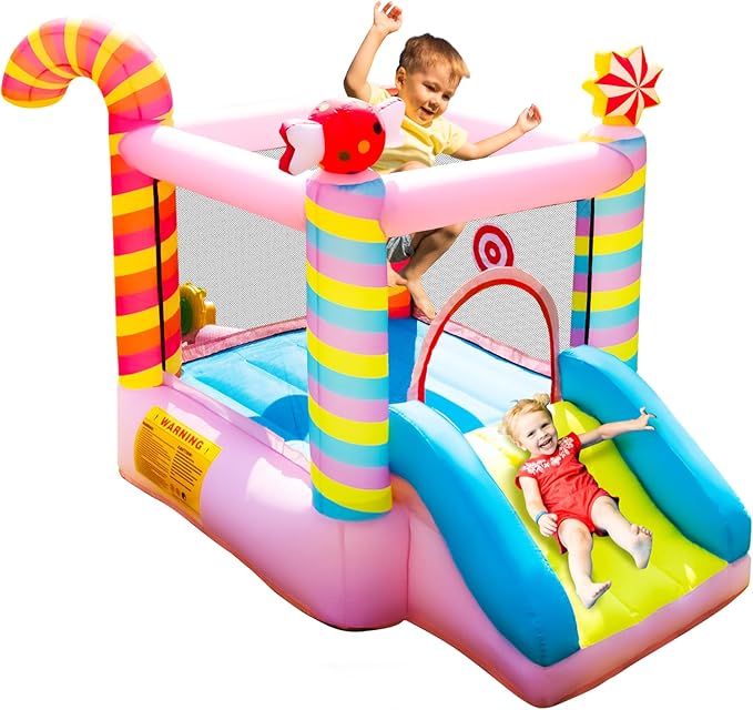 Candy Bounce House for Kids Ages 3-6, Sweet Inflatable Bouncy Castle with Slide, Indoor Outdoor Small Jumping House, Mini Toddler Bounce Castle for Birthday Gifts and Holidays(Without Blower)