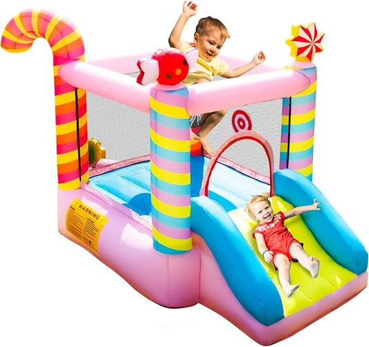 Candy Bounce House for Kids Ages 3-6, Sweet Inflatable Bouncy Castle with Slide, Indoor Outdoor Small Jumping House, Mini Toddler Bounce Castle for Birthday Gifts and Holidays(Without Blower)