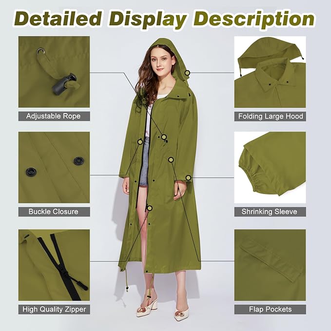 LAMA Womens Long Raincoats Rain Jacket Waterproof Packable Hooded Windbreaker Lightweight Adjustable Waist for Outdoor