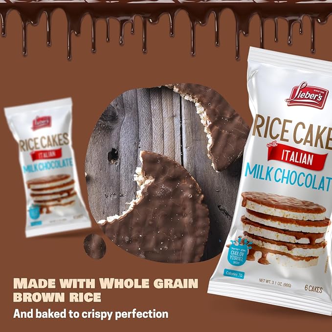 LIEBERS Italian Milk Chocolate Rice Cakes, Kosher Dairy, Gluten Free 3 Pack | Whole Grain Brown Rice Snack, Crispy & Low Calorie, Wheat Free, 60 Calories or Less per Cake, Great on the Go