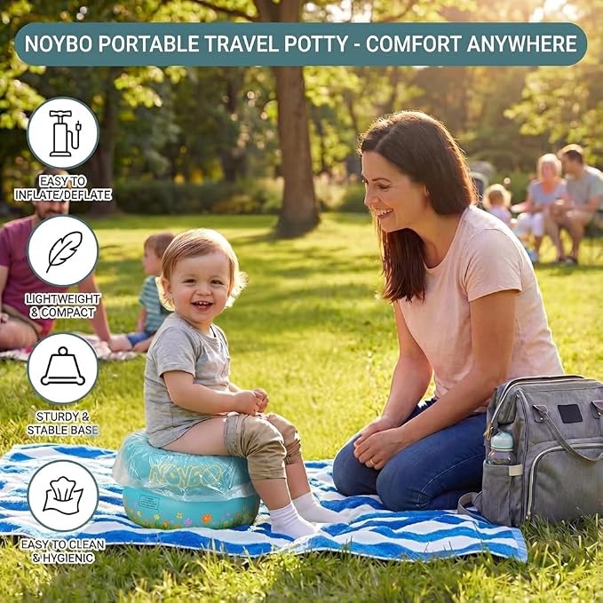 Travel Potty Seat for Toddlers - Inflatable Portable Toilet Kids Chair, Foldable Compact Lightweight Potty for Camping Road Trips, Outdoor Car Travel, Holds 66 lbs and 20 Durable Disposable Bags