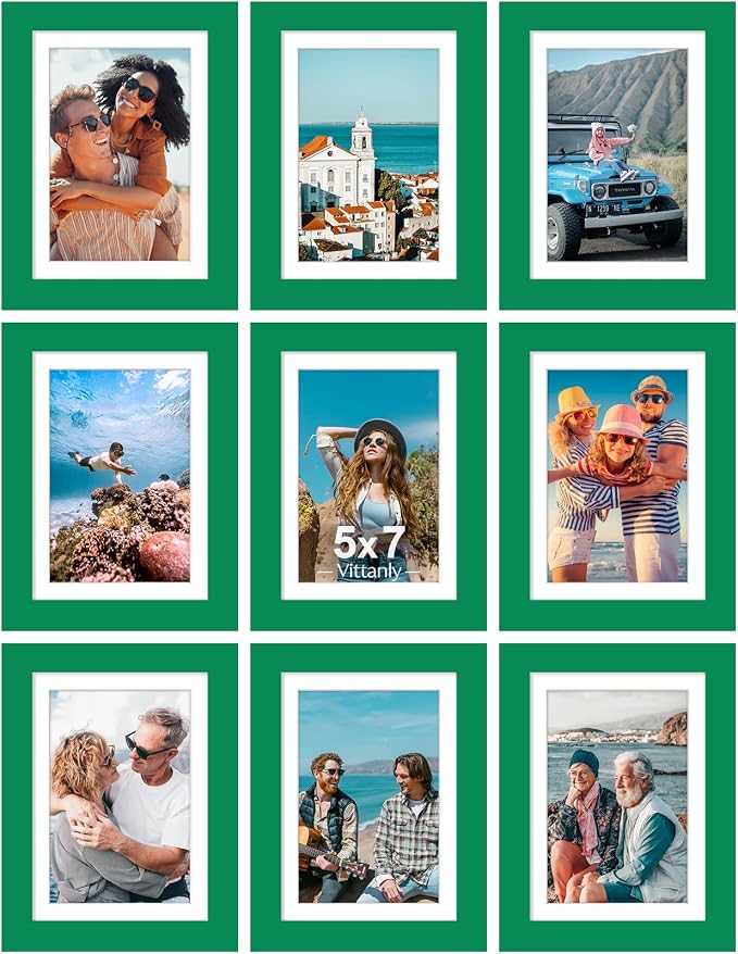 Vittanly 5x7 Picture Frames Set of 9 for Wall or Tabletop Display, Green | Display Pictures 4x6 with Mat or 5x7 without Mat, Small Photo Frames, Engineered Wood with Shatter Resistant Plexiglass