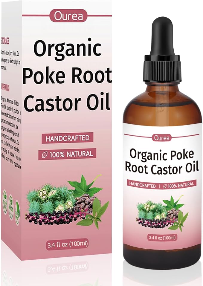 Organic Poke Root Castor Oil – 3.4 fl oz (100ml) Natural Lymphatic Support Massage Oil, Soothing Relief for Cysts, Boils, Breast, Fibroids, Swollen Lymph Nodes & Joint – Deep Tissue Drops