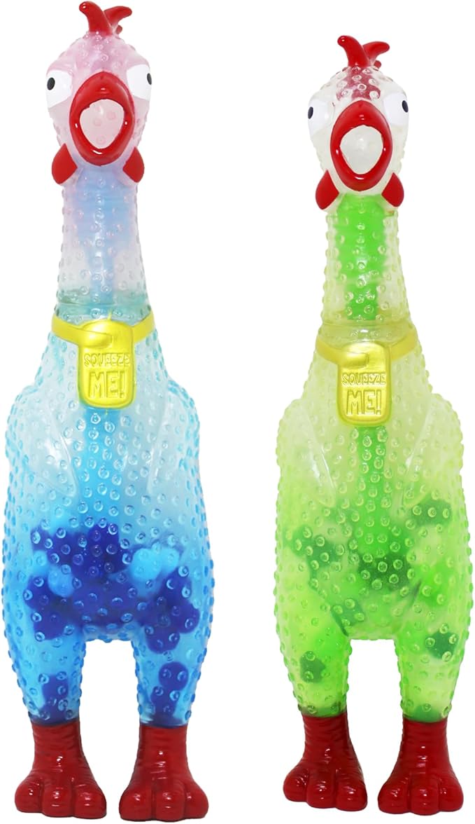Animolds Squeeze Me Rubber Chicken Toy | Screaming Squeaky Chicken for Kids & Dogs | Novelty Prank Gag Gift (2 Pack Clear)