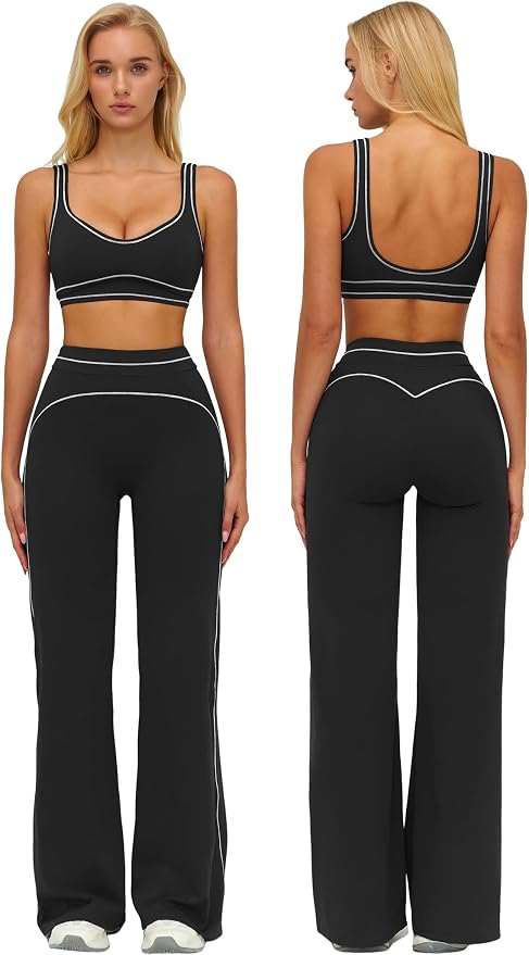 ABOCIW Two Piece Workout Sets for Women Racerback Tank Top Matching High Waist Wide Leg Yoga Pants Pilates Outfits
