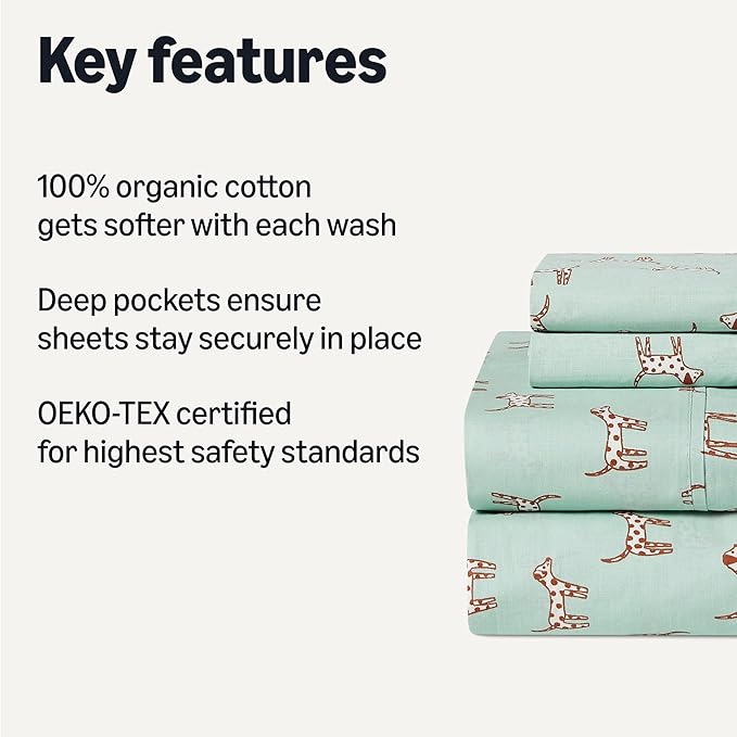 Amazon Basics 100% Organic Cotton Kids' Sheet Set with Pillowcase, Deep Pockets, Gets Softer with Each Wash, Queen, Spotted Dogs, Oeko-TEX Certified