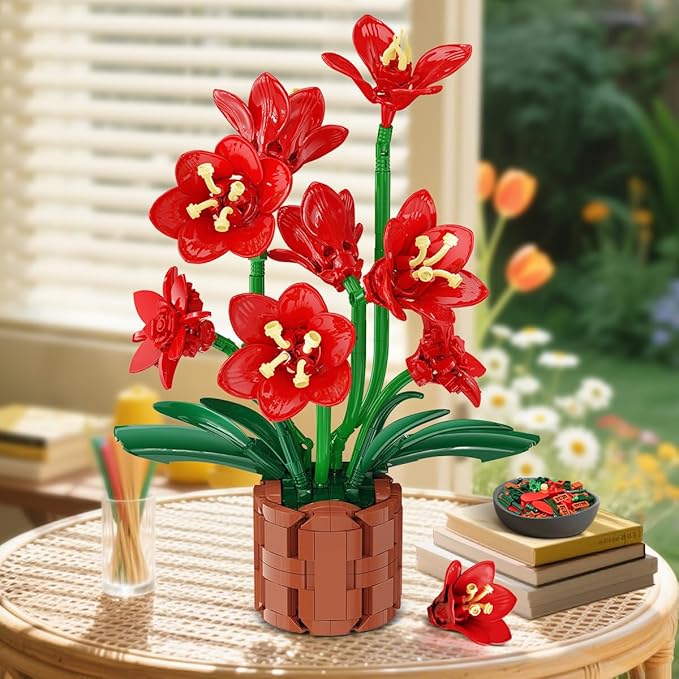 Amaryllis Flowers Bonsai Building Set, Botanical Collection Building Block, Artificial Plant Kit Home Decor, 503 PCS Flower Bouquet Bonsai for Her Adults Kids Boys Girls 12+