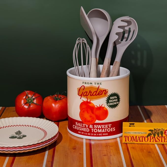 ban.do Vintage Inspired Ceramic Tomato Can Vase | Decorative Ceramic 5.7" x 6" Planter, Large Flower Vase and Utensil Holder, Unique Tomato Can Decor for Home and Kitchen