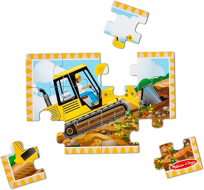 Melissa & Doug 4‑in‑1 Wooden Construction Vehicles Jigsaw Puzzle Set, 48 Pieces with Storage Box, Toddler Puzzle Toy for Kids Ages 3+ - FSC Certified