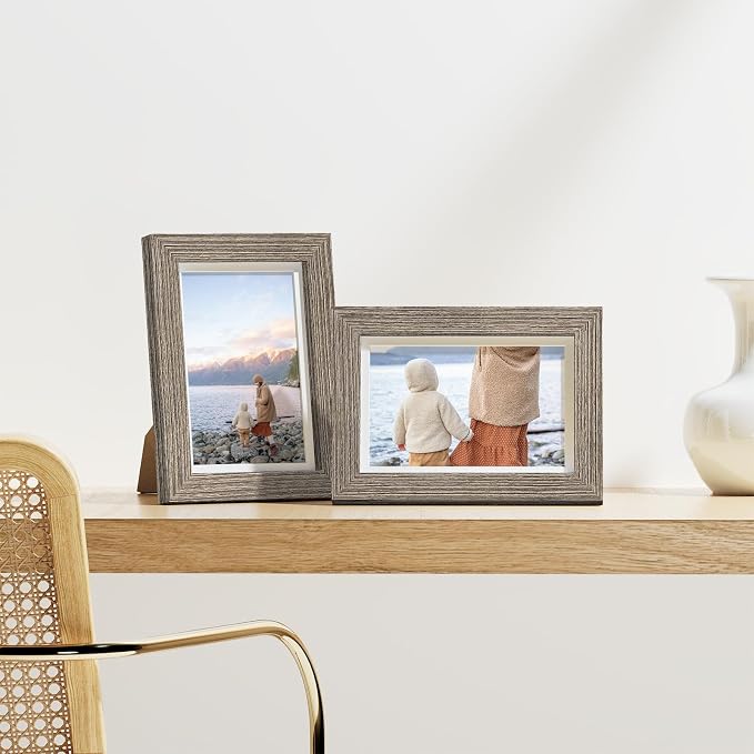Vittanly 4x6 Picture Frames Set of 9, Wall & Tabletop, Grayish Brown | Display Pictures 3.5x5 with Mat or 4x6 without Mat, Small Photo Frames, Engineered Wood with Shatter Resistant Plexiglass