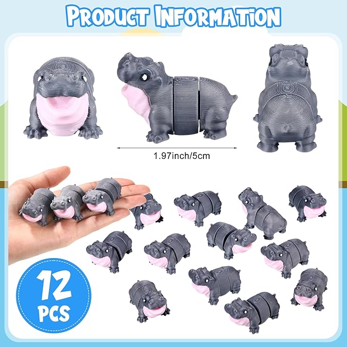 Honoson 12 Pcs 3D Printed Fidget Toy 3D Printed Hippo Small Animal Toy Flexible Cute Articulating Pet Stress Relief Fidget Toys for Play and Display(5cm)