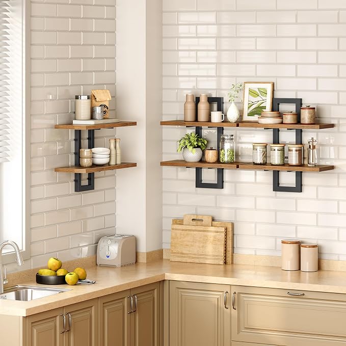 HOOBRO Floating Shelves, 15 Inch Wall Shelf Set of 3, Wall Mounted Storage Shelves 2-Tier, Hanging Bathroom Shelves, for Living Room, Bedroom, Bathroom, Kitchen, Rustic Brown and Black BF32BJP301