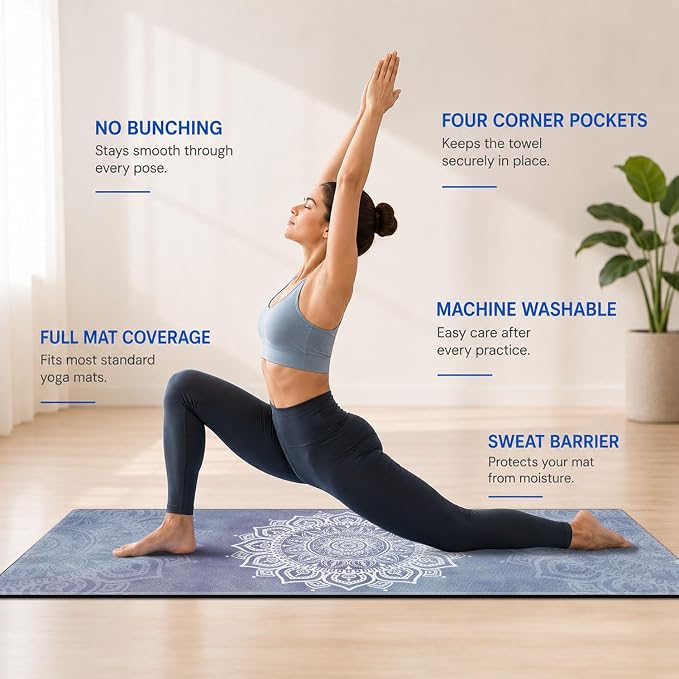 Yoga Mat Towel, Hot Yoga Non Slip with 4 Corner Pockets, 74 x 26 in | Soft Absorbent Microfiber With Four Corner Pockets, Fits Over Yoga Mats For Hot Yoga, Pilates, Gym, And Travel