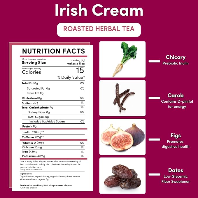 Teeccino Irish Cream Herbal Tea, Rich & Roasted Herbal Tea That’s Caffeine Free & Prebiotic for Natural Energy, 10 Tea Bags