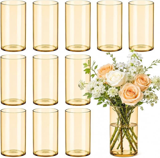 12pcs 6 Inch Gold Amber Glass Cylinder Vases for Centerpieces | Flower Vases for Wedding, Home & Party Decor, Hurricane Floating Candle Holders for Table & Shelf
