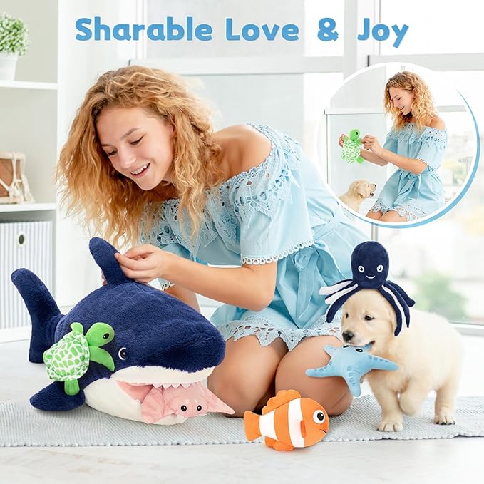 MaoGoLan 24 inch Large Plush Shark Stuffed Animal, Shark Toys with 5 Ocean Sea Animals Inside No-Zipper Mouth - Octopus, Turtle, Clown Fish, Starfish, Stingray - Kids Party Favors Decorations