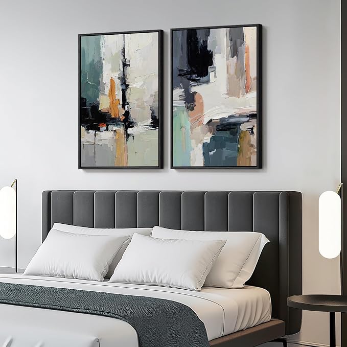 Large Framed Colorful Abstract Wall Art, Set of 2 Modern Canvas Prints Paintings Artwork for Walls, Bright Blue Green Multicolor Pictures for Living Room Hallway Dining Bedroom Wall Decor 20x30 In