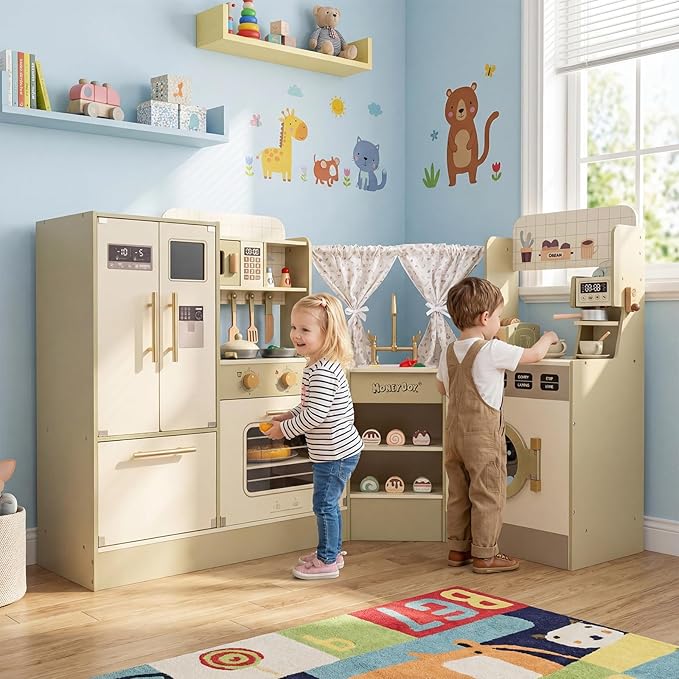 Costzon Kids Corner Play Kitchen, Pretend Play Kitchen Playset w/Stoves, Coffee Machine, Refrigerator, Microwave, Toaster & Accessories, Wooden Toy Kitchen Set for Boys Girls 3+