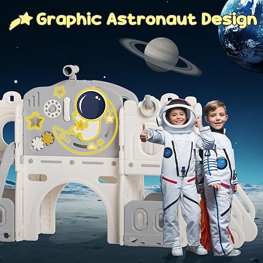 BIERUM 12 in 1 Toddler Slide, Astronaut Themed Baby Slide for Toddlers Aged 1-3, with Astronaut, Moon, Cloud, Star, Phone Call Design, Basketball Hoop and Ring Toss, Toddler Playset Beige Gray