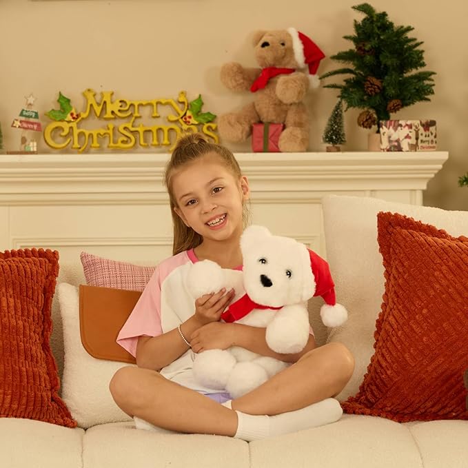 MorisMos Teddy Bear Stuffed Animal, 14'' Christmas Teddy Bear 2025 with Santa Hat & Scarf,180° Joints Posed Plush Toy, oft Stuffed Christmas Toy for Kid Girl Boy Max Decoration Birthday Gift,White