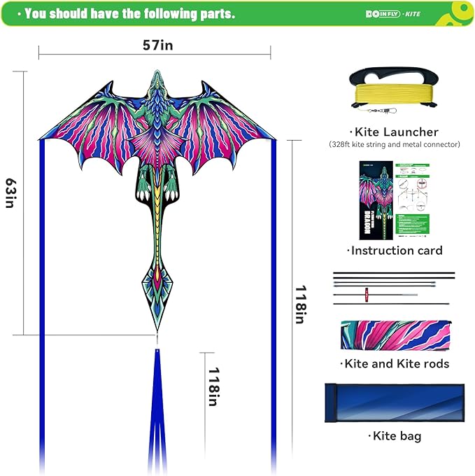 Kite- Classical Dragon Kite ，Pink Wings Dragon Kites for Kids and Adults,Easy to Fly for Beginner Easter 57.1inch x 63inch Single Line with Tail (Pink Pterosaur, 1)