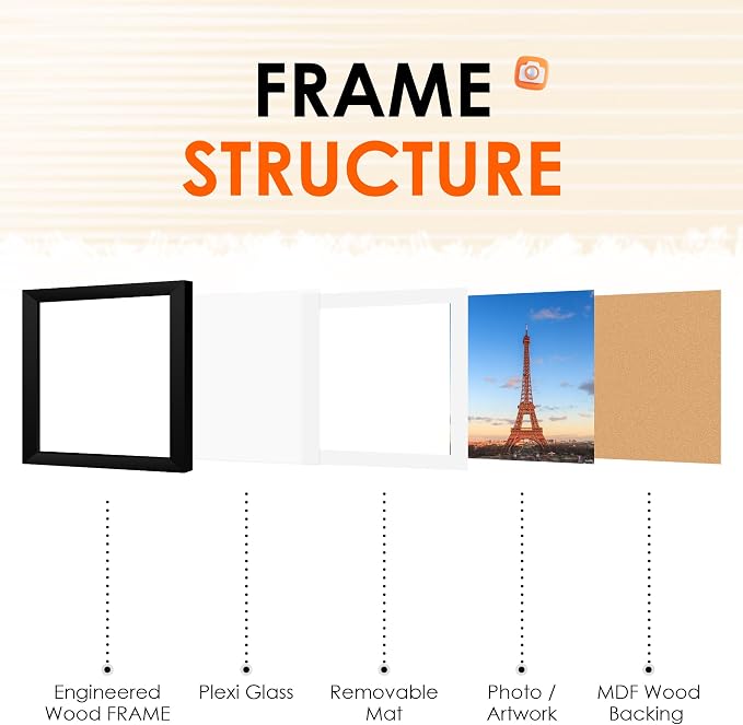FIXSMITH 11x11 Picture Frame Set of 2, Photo Frame with HD Plexiglass, Display Pictures 8x8 with Mat or 11x11 Without Mat, Black Picture Frames Collage Wall Decor, Gallary Wall Frame