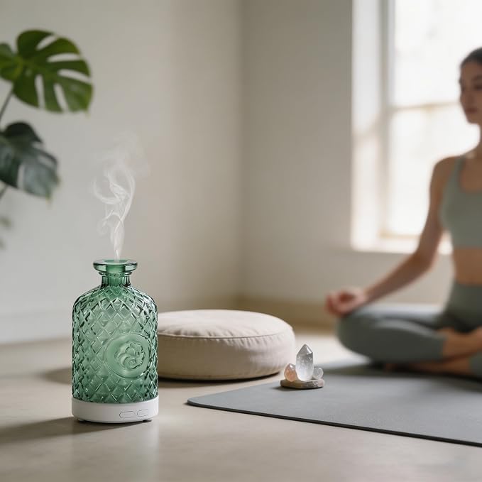 Glass Essential Oil Diffuser,100ml Aromatherapy Diffuser(Green) | Ultrasonic Cool Mist Humidifier with 7-Color LED Lights, BPA Free, Auto Shut-Off, for Home Yoga Bedroom Office Spa
