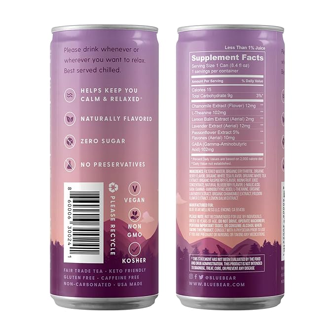 Blue Bear Relax Adaptogen Drink, Ready-to-Drink Mixed Berry Tea, Calming & Relaxation Beverage for Stress Relief, Nootropics & Botanicals, Caffeine-Free, Zero Sugar, 8.4 Fl Oz (12 Pack)