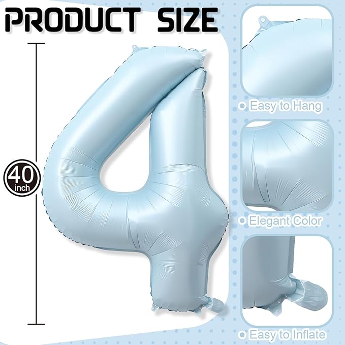 Foil 4 Balloon, Light Blue Big Number 4 Balloons for Boys Birthday Party Decor, 40 Inch Mylar Helium Self Inflating Number Four Sky Baby Blue Balloon for Kids 4th Birthday Party Anniversary Decoration