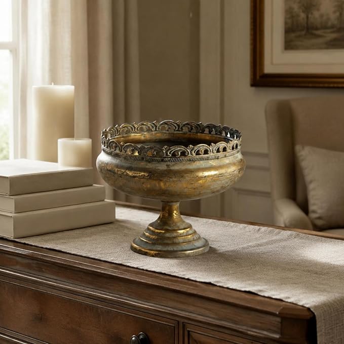 Pedestal Planter Iron Antique Pedestal Planter Distressed Finish Compote Vase for Decorative Display, Floral Arrangements, Tall