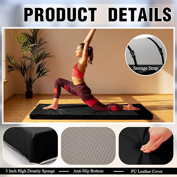 Lyrow 3 Inch Thick Yoga Mat, 72 x 24 Inch Cushioned Foam Floor Mat with Carry Strap, Non Slip PU Leather Workout Pad for Pilates, Stretching, Restorative Yoga and Home Gym