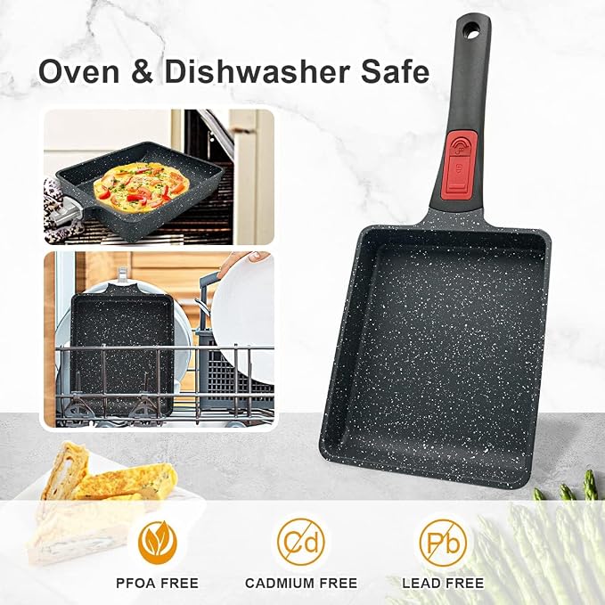 AIKENBBKK Tamagoyaki Pan, Japanese Omelette Pan Nonstick, Japanese Egg Pan, Square Egg Pan, Induction-Ready, Detachable Handle, with Silicone Spatula, PFAS & PFOA-Free, Oven Safe, Black, 7.5” x 6.3”