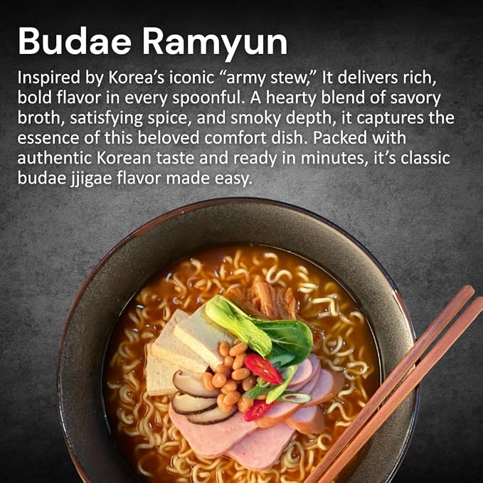 Korean instant ramen with thick noodles and a spicy, savoury broth. The Han Kitchen Pocha Ramyun K-Army Budae Jjigae style noodles, ready in 5 minutes.118 g (Pack of 4)
