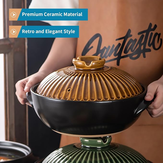 Large Korean Ceramic Bowl with Lid and Trivet, 54 oz Sizzling Hot Pot with Double Handles for Cooking and Serving Dolsot Bibimbap, Soup, Rice, Stew, Casserole, Noodle (Retro Copper)