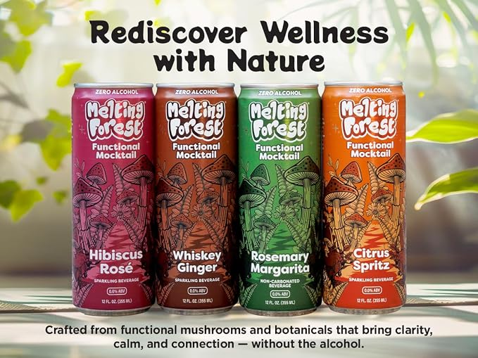 Melting Forest Functional Mocktail - 4 Variety Flavors - Alcohol-Free, Euphoric Adaptogen Drink with Reishi, Antrodia, Lion’s Mane, L-Theanine & Ashwagandha - 10 Calories, Vegan, Gluten-Free (16 Pack)