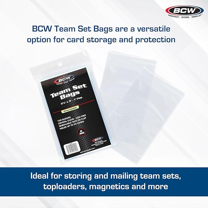 BCW Resealable Team Set Bags – 200 Count | Holds 35 Loose Cards or 5 Standard 35pt Toploaders | Fits Magnetics up to 108pt | Acid-Free Team Bags for Trading Cards & Shipping