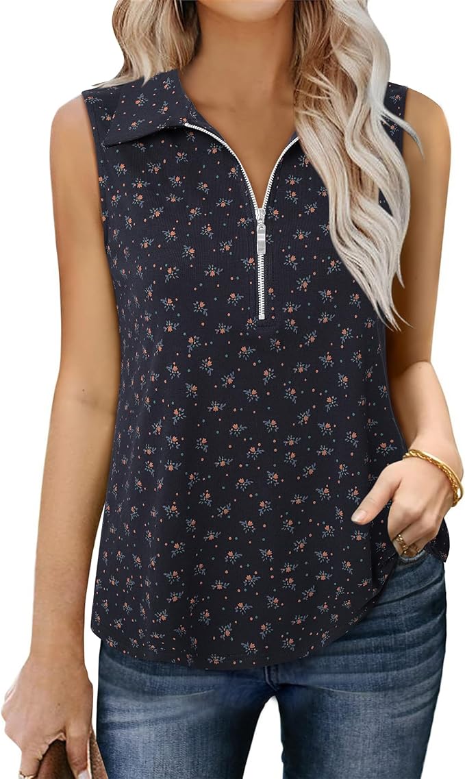 Vivilli Womens Ribbed Tank Top Zipper V Neck Dressy Casual Blouses Sleeveless Camisole Tops Work Tank Polo Shirts