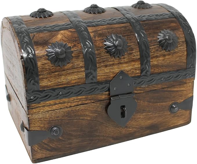 Treasure Chest Keepsake and Decorative Wood Box (Medium 6.5x4.5x4.5) - Storage Box, Wooden Box with Hinged Lid, Rustic Storage, Pirate Storage Box, Vintage Wooden Chest