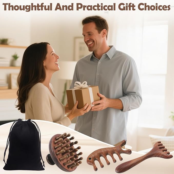WOVTE 3 Pcs Wooden Head Scalp Massager Comb, Sandalwood Scalp Massager for Hair Growth, Wood Wide Tooth Loc Comb Gua Sha Tool for Women Men, with Gifts Bag